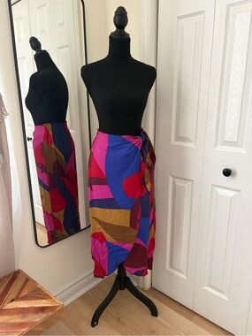 Reitmans Bold Abstract Wrap Midi Skirt in Pink, Blue, Red, Brown